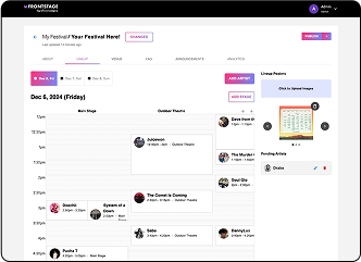 Drag-and-drop festival lineup and set times scheduler interface