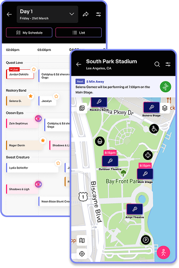 Frontstage mobile app showing festival lineup, schedule builder, and interactive map